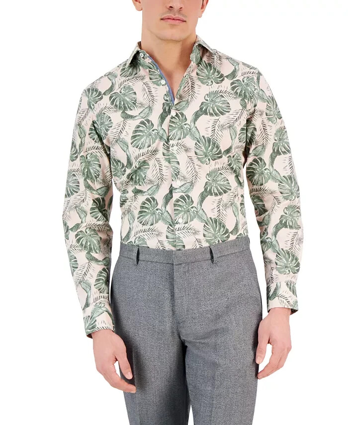 Bar III Men’s Hoja Slim-Fit Botanical-Print Dress Shirt Apricot Olive Size Large