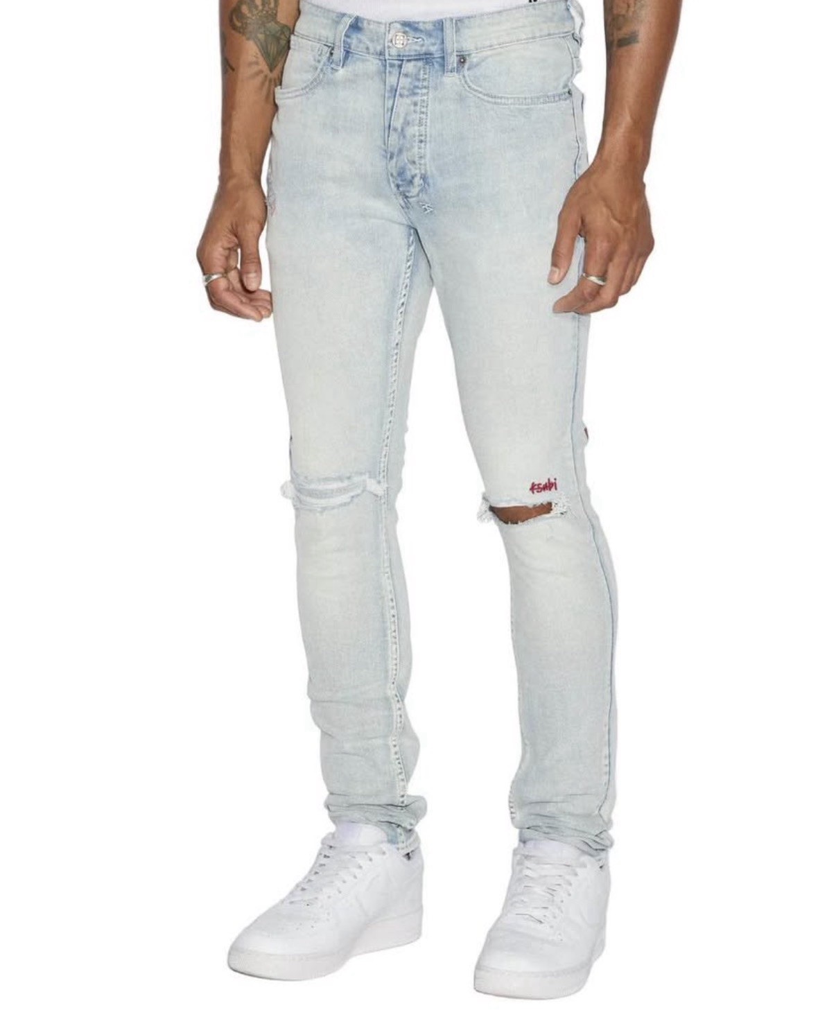 Ksubi Men’s Blue Light Wash Skinny Slim Fit Distressed Denim Jeans 5-Pocket