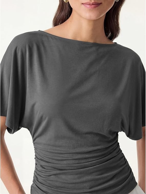 OGL x Sandwashed Effortless Boatneck Batwing Sleeve Side Ruched Top, Shadow