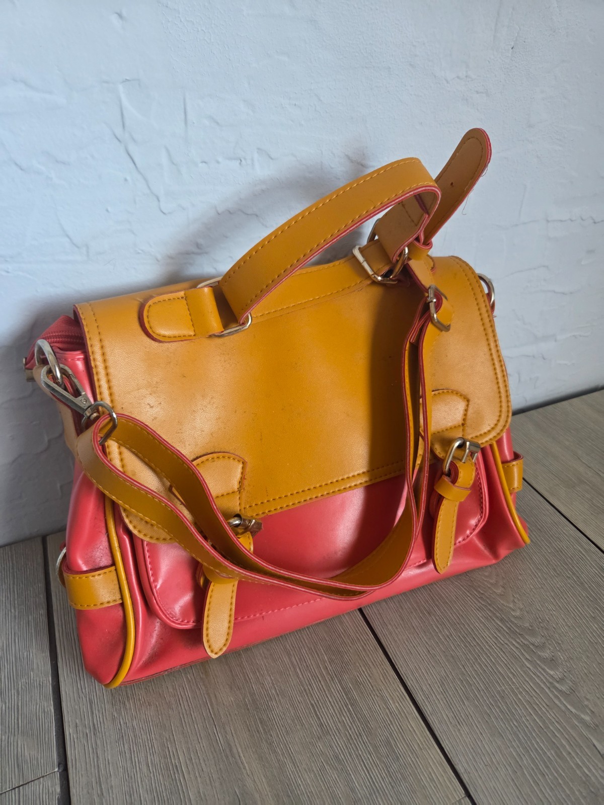 Pleather 2 tone light brown/ pink purse/ satchel with strap – real hobo chic
