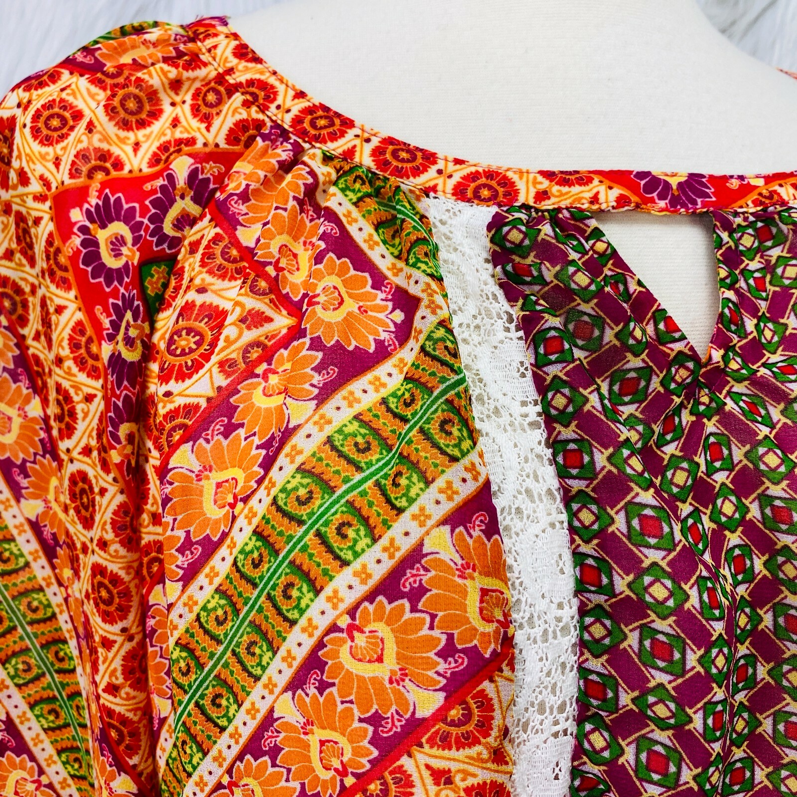 Fig & Flower Peasant Top Womens S Colorful Mixed Print Boho Semi Sheer