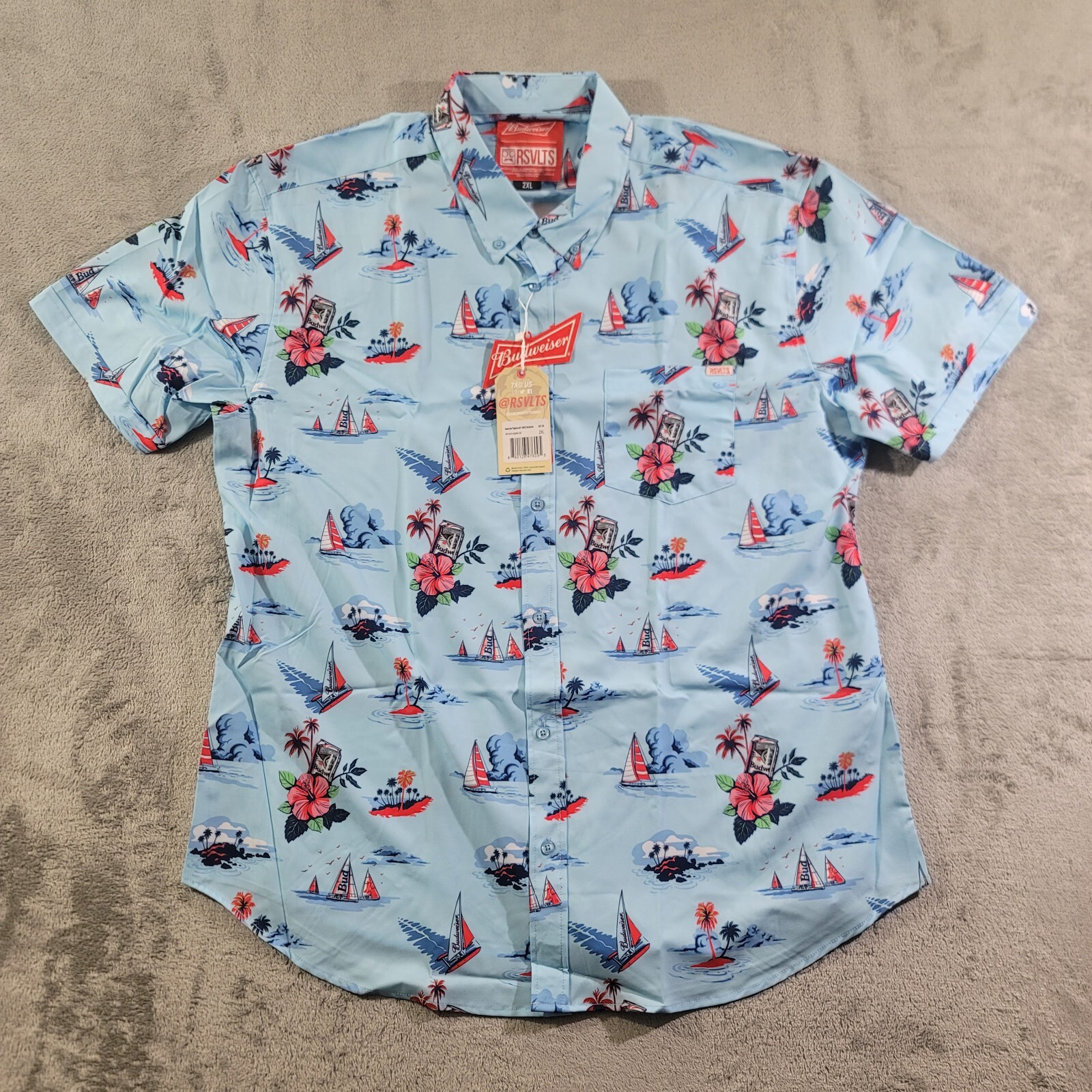 RSVLTS Shirt Mens Size 2XL Regatta Have A Bud Short Sleeve Button Down Blue