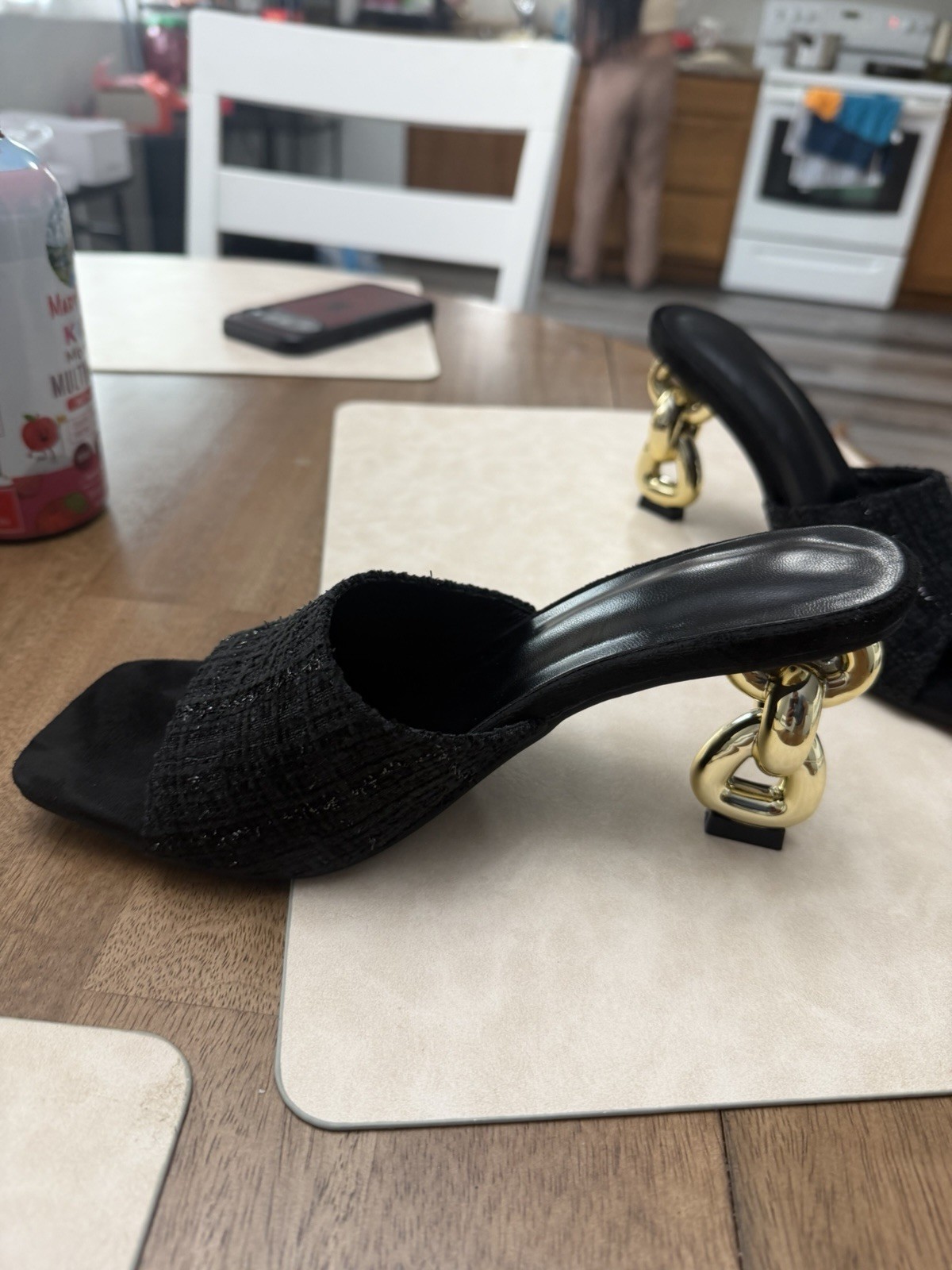 Women’s Black Slide Mule Sandals Gold Chain Accent Synthetic Upper EU 37