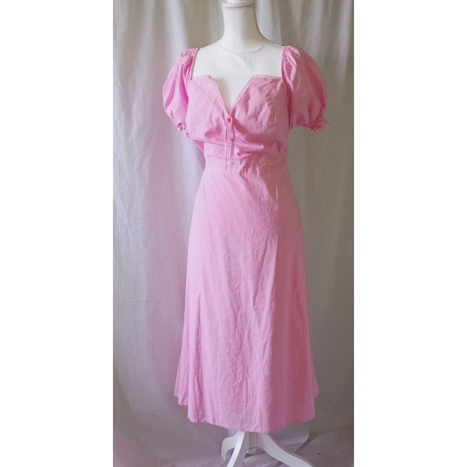 Milkmaid Dress XXL 20 Scoop Pink Puff Sleeve Cottagecore Lace Trim Smocked Back