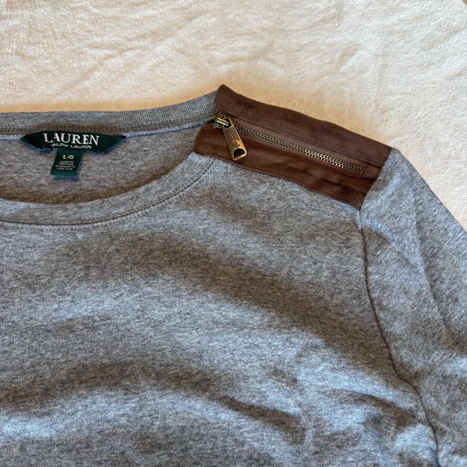 Lauren Ralph Lauren Gray Crew Neck Knit Pullover Sweater Elbow Patches L/G