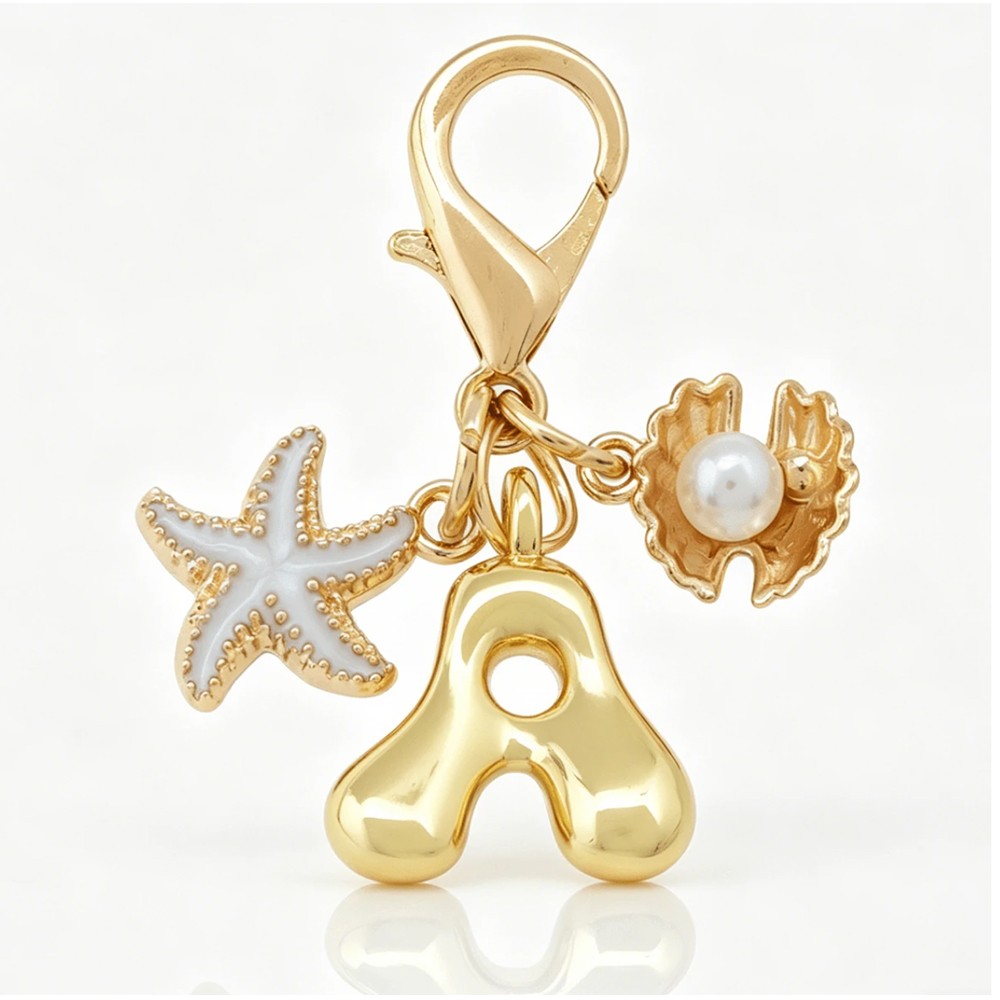 1PCS Gold Bubble Alphabet Keychain Starfish Shell Bag Charm Love Couple Gift
