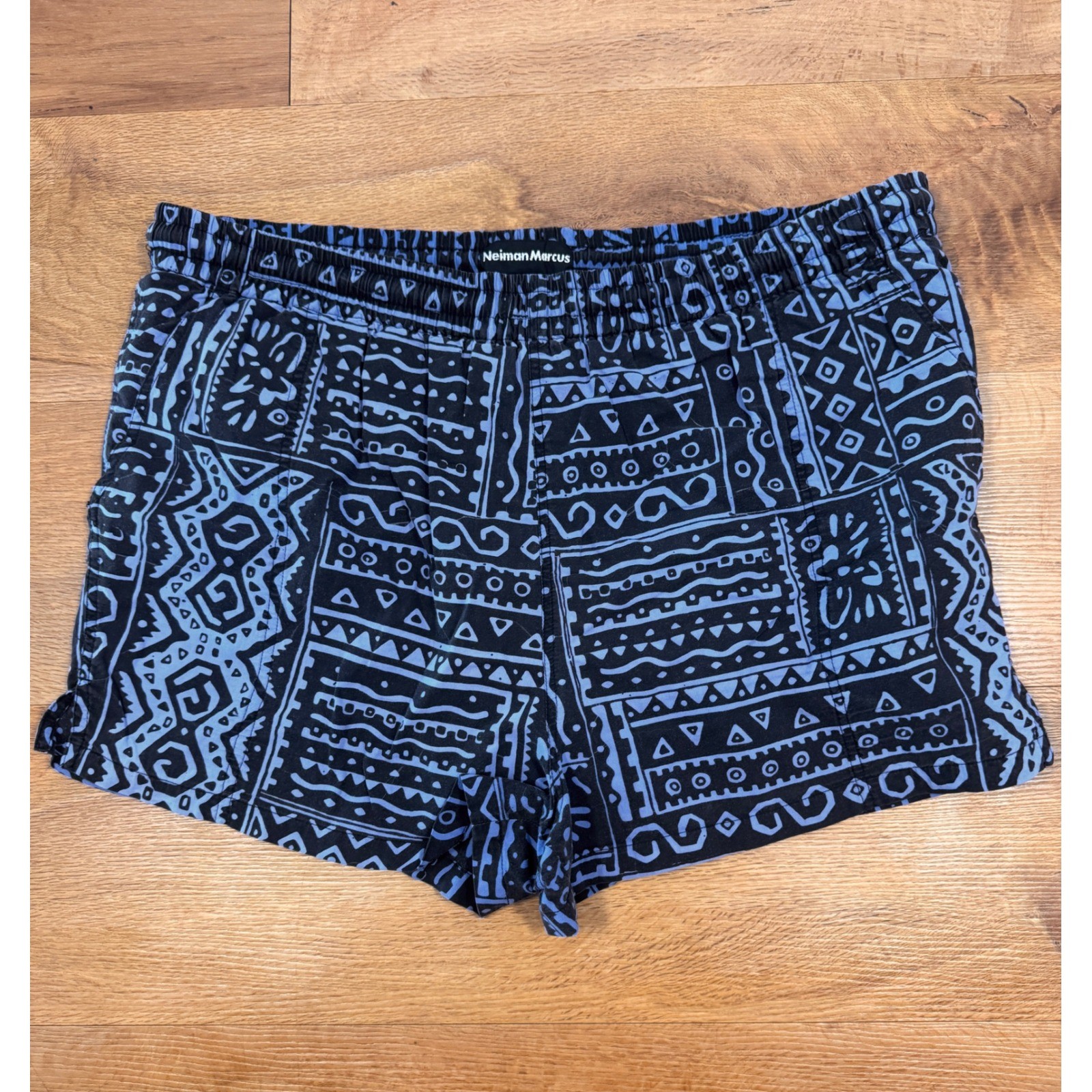 VTG Neiman Marcus Mens Blue Black Tribal Print Lined Swim Trunks Shorts Medium