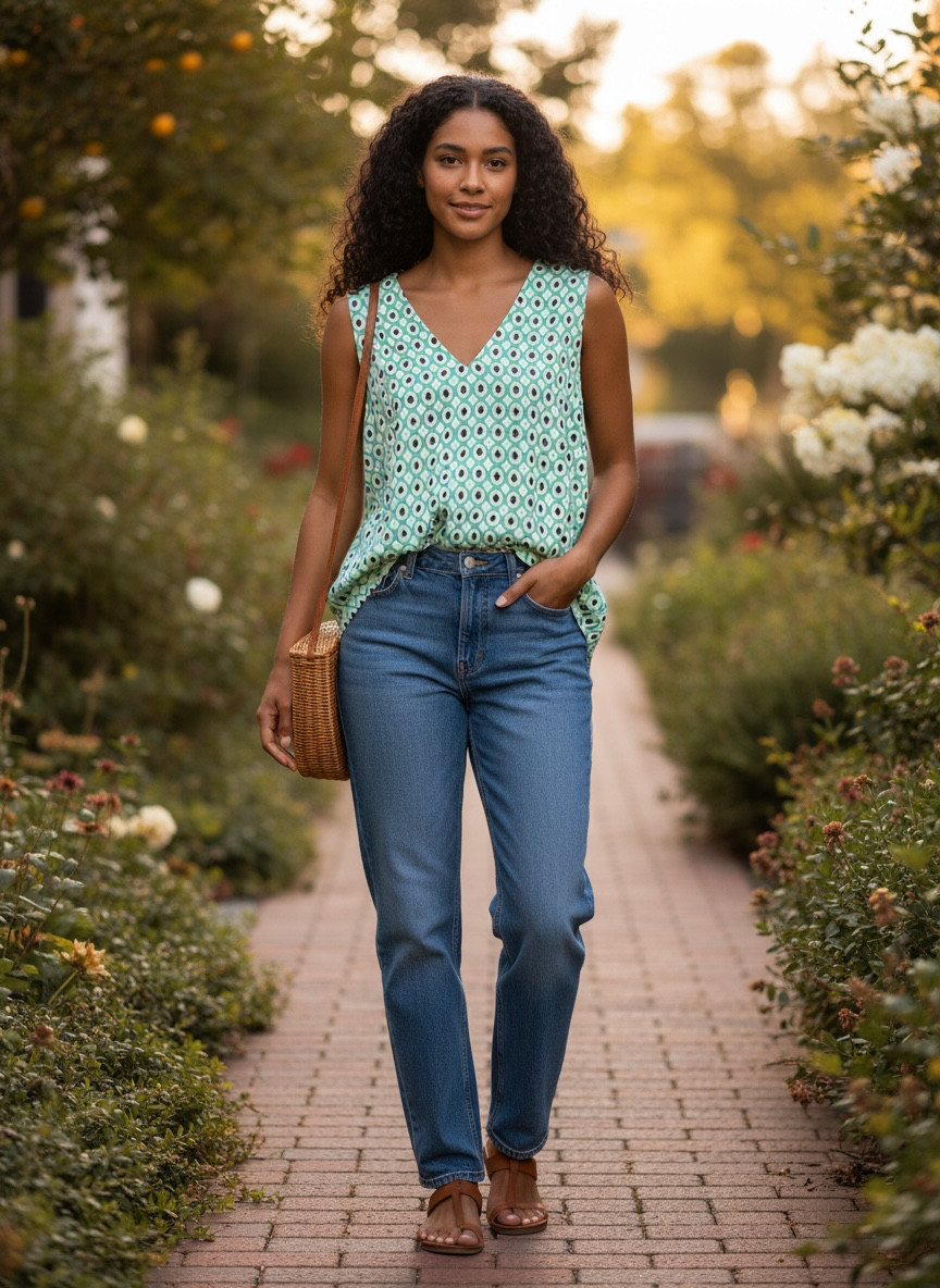 Pleione Sleeveless V-Neck Geometric Blouse