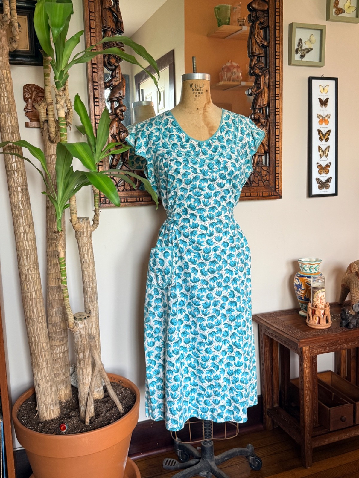 Vintage 40s 50s White/Turquoise Floral Cotton Tieback Housedress Size M