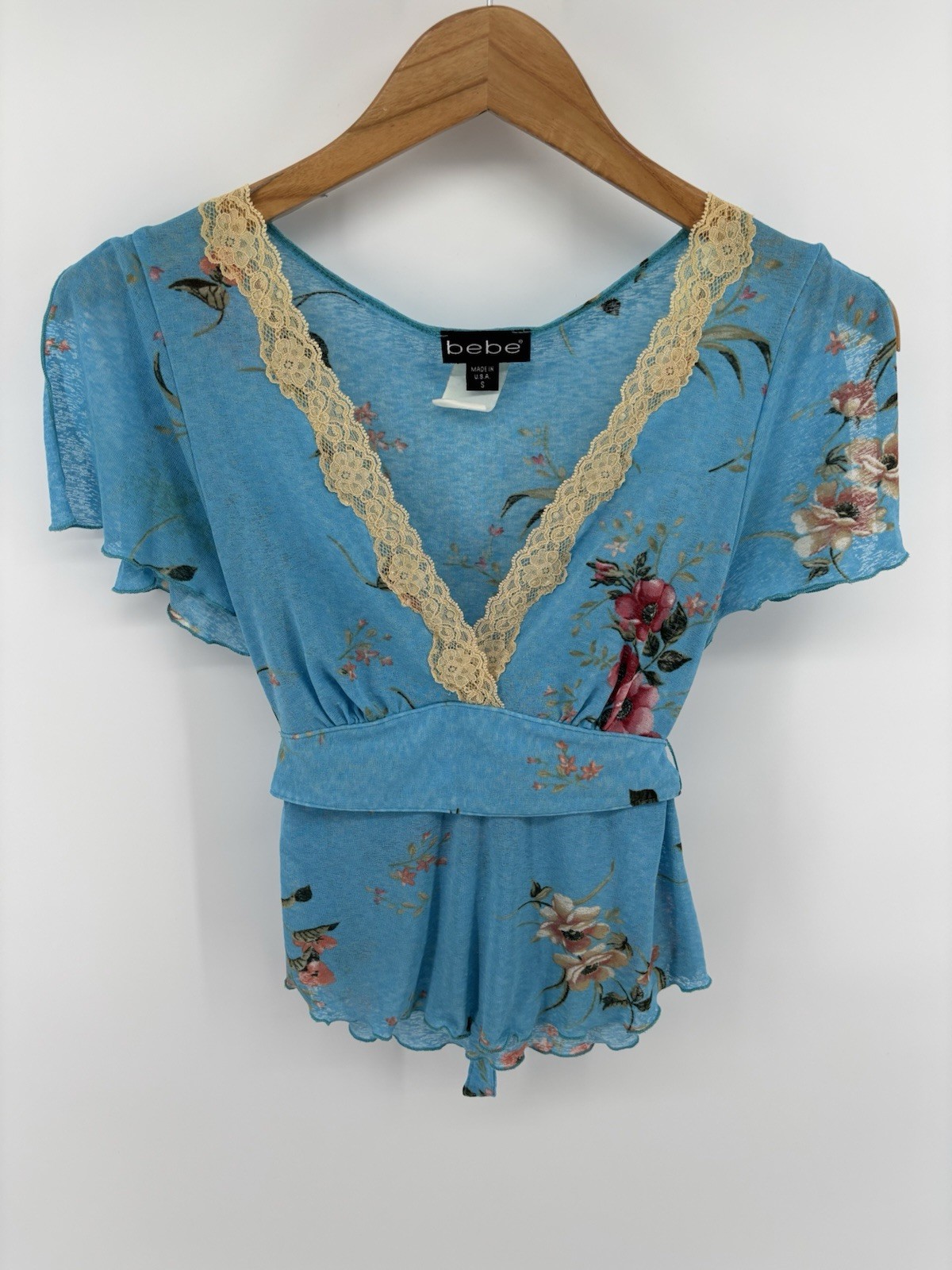 Vintage Bebe Blue Floral Lace Blouse Top Sz S Lettuce Hem Petal Sleeve Flirty