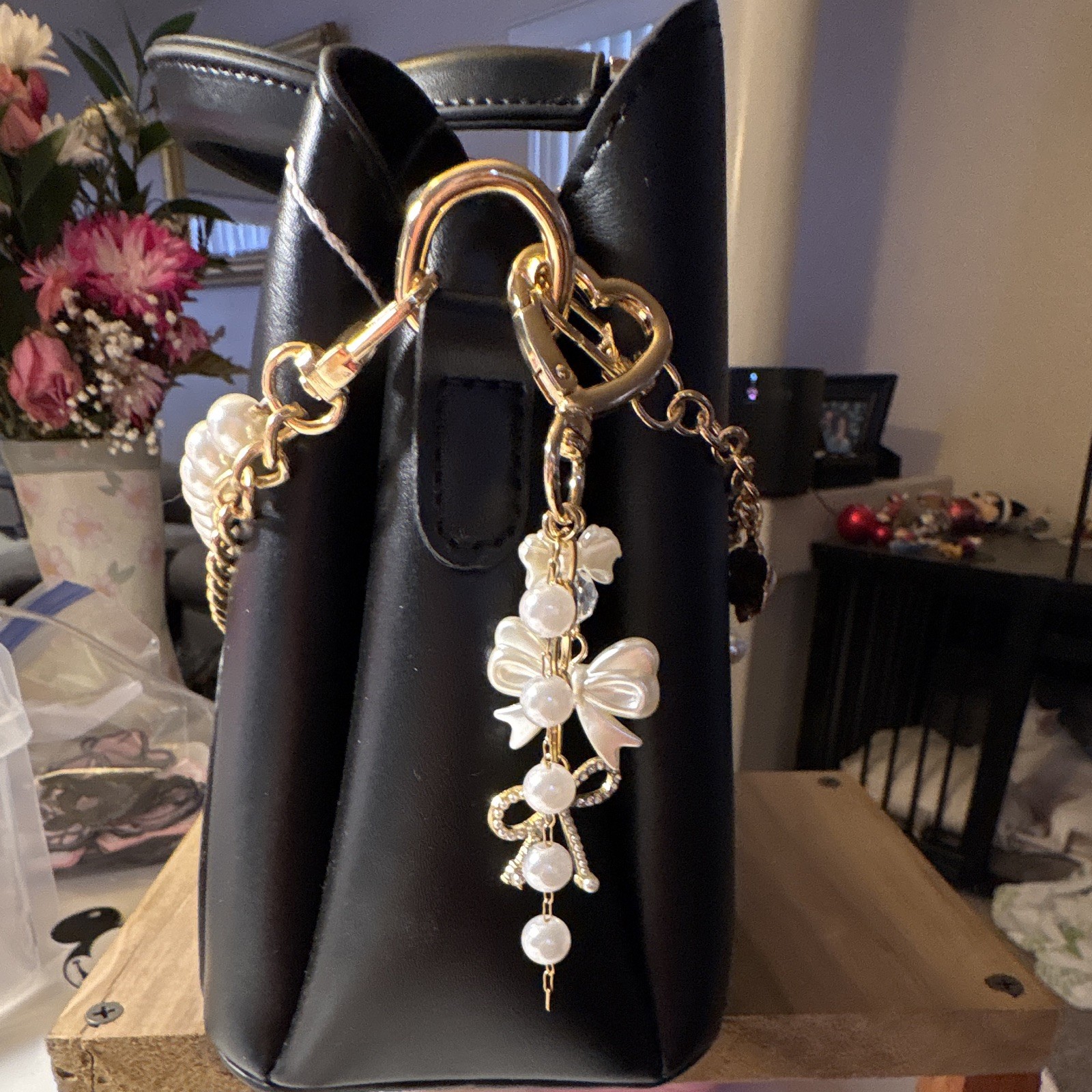Black Women’s Satchel Top Handle Zip Inner Pockets Gold Pearl Chain Charm Strap
