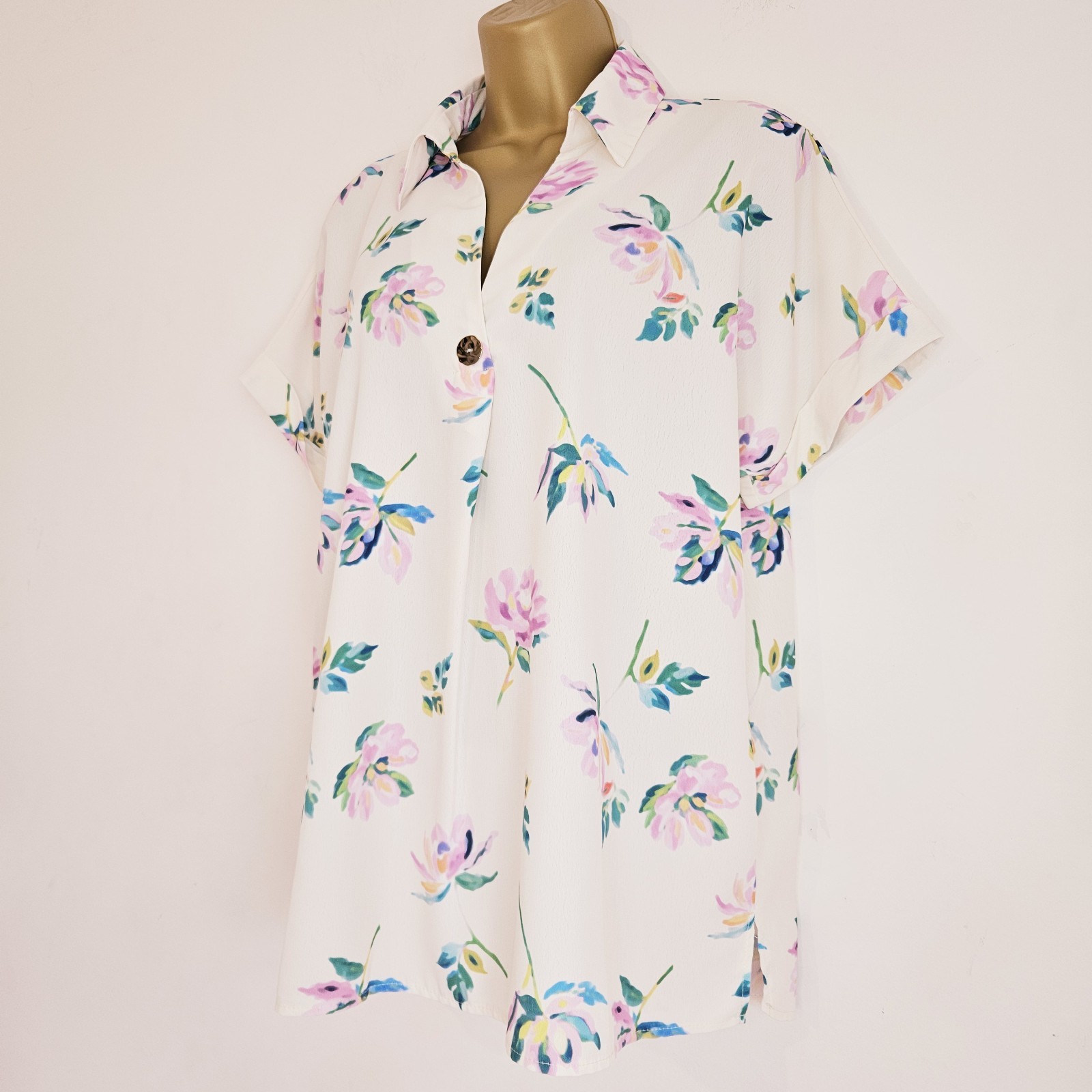 NEW DP 8-22 Crepe Chiffon Collared Floral Print White Pink Blue Green Blouse Top