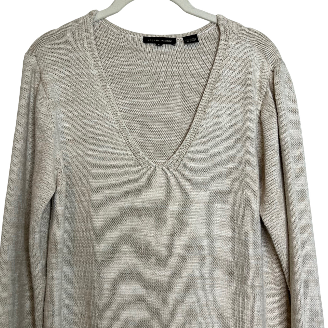 Jeanne Pierre Womens Sweater Size Large Beige V-Neck Asymmetric 100% Cotton