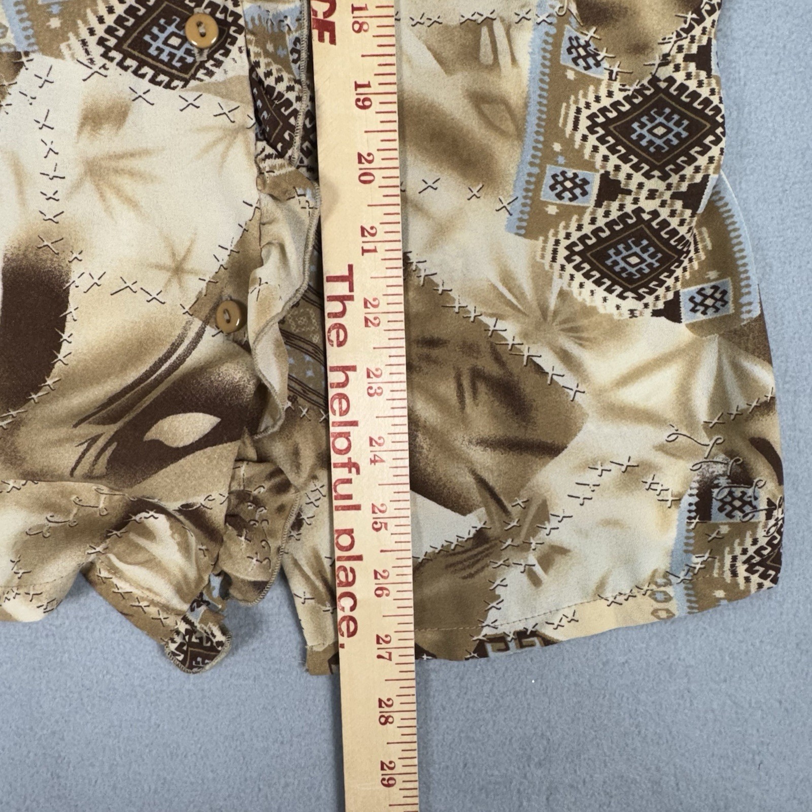 Vtg Y2K Dress-U Sharon Boho Ruffle Blouse Size 12 Tan Geometric Eclectic