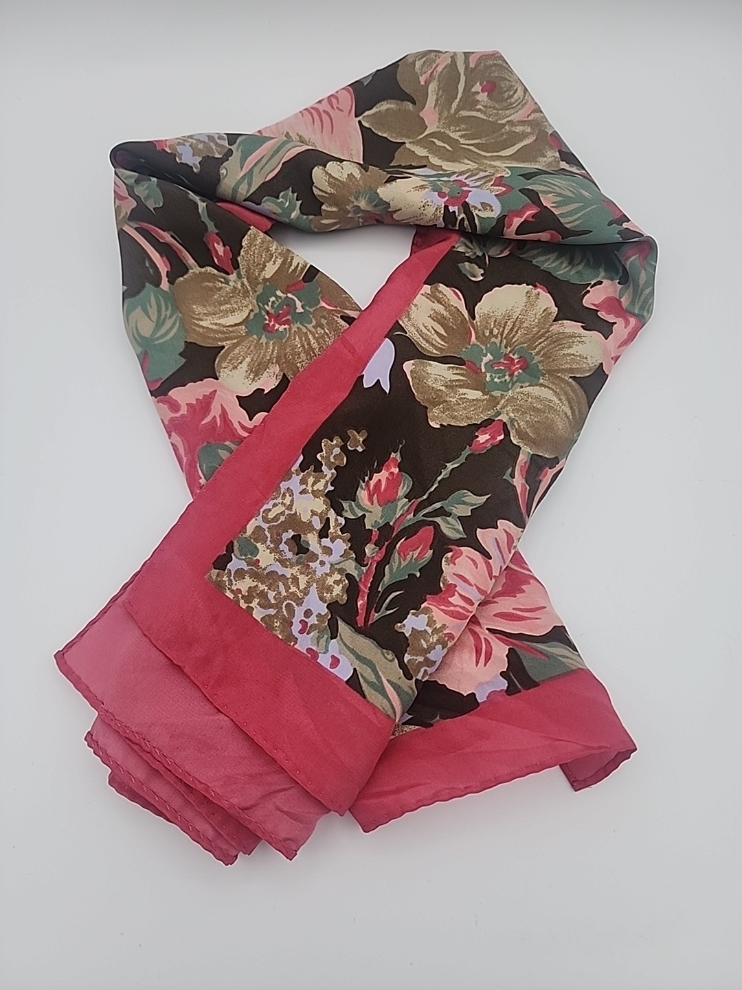 Vintage Floral Pink and Brown Fashion Scarf Satin Smooth Feel 31×31″