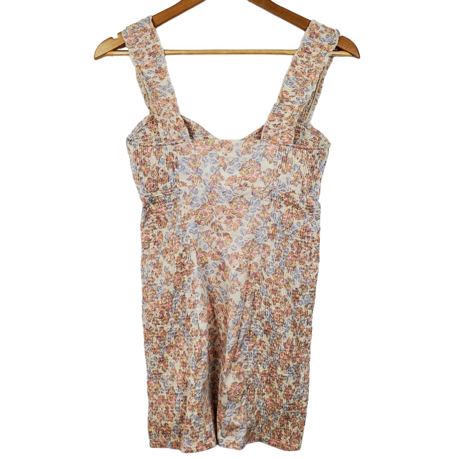 Free People Intimately Beige Purple Pink Floral Smocked Straps Mini Dress Sz XS