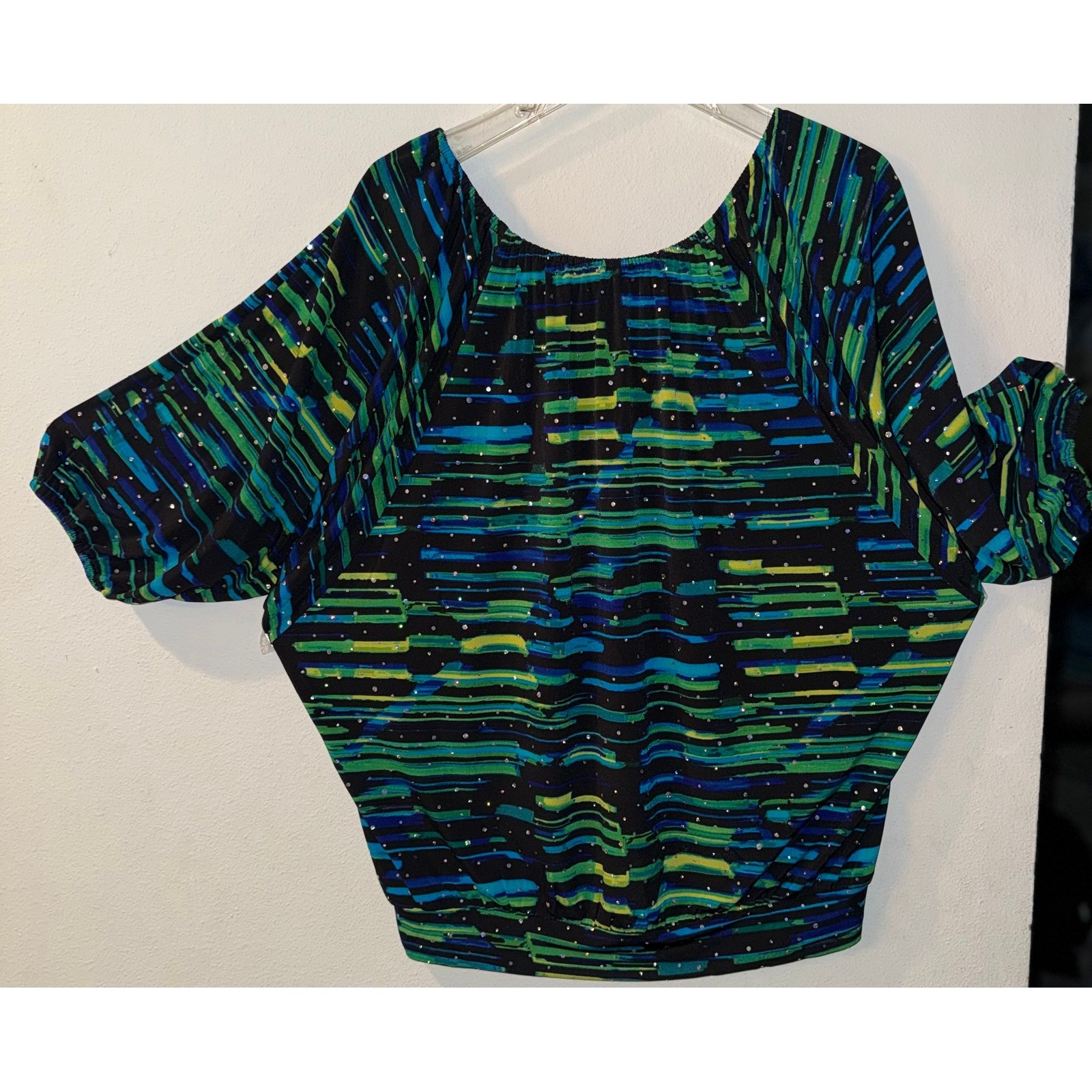 Abstract Stripe Rhinestone Batwing Sleeve Blouse Blue Green Black Scoop Neck
