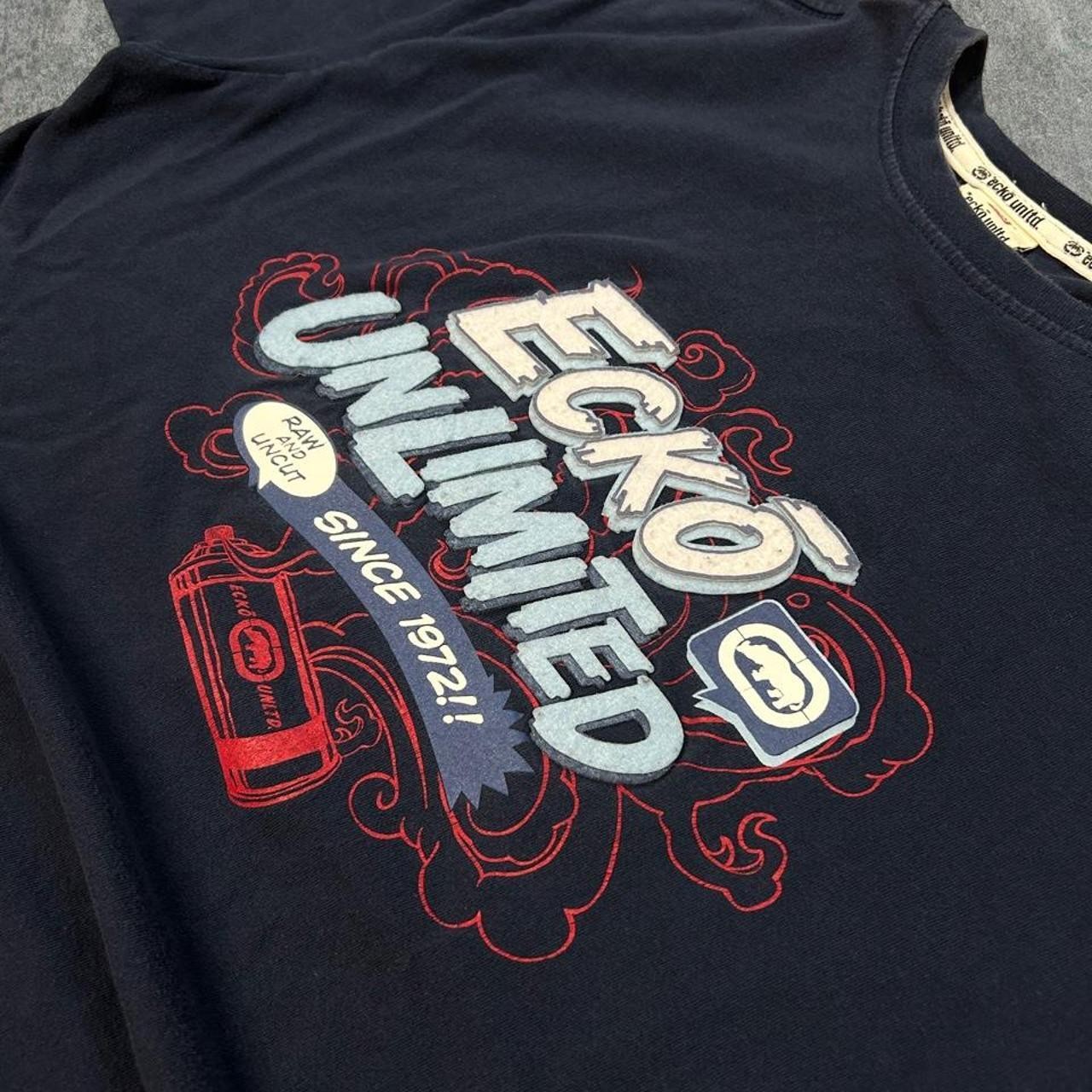 Y2K skate grail Ecko Unltd navy blue tee with textured patchwork on size M