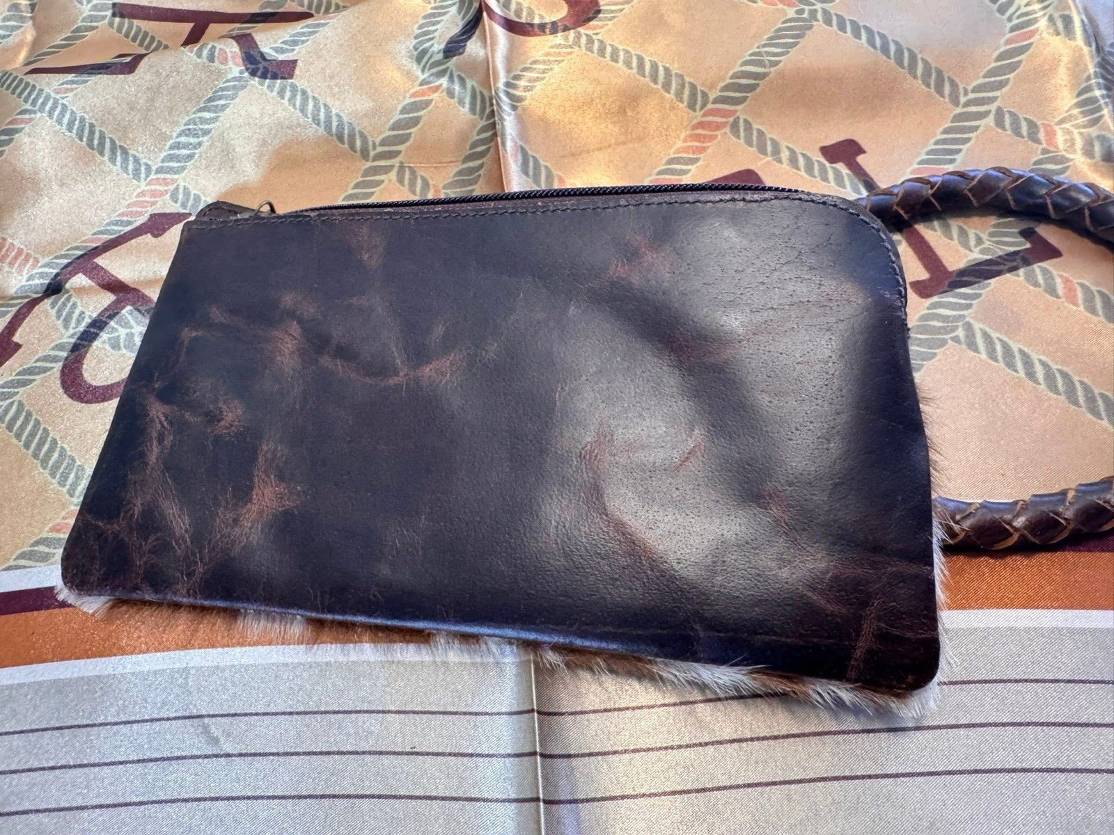 Western Brown/White Cowhide Print Zip Wristlet Clutch Pouch Braided Strap