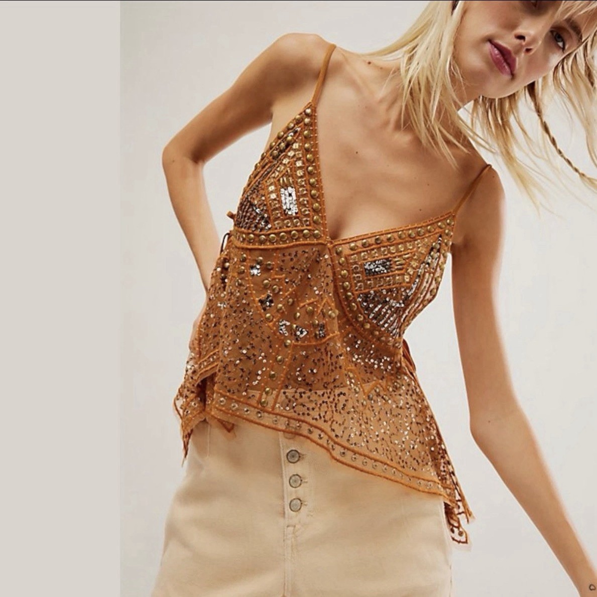 Women Y2K Sequined Lace Tank Top Orange S M L Sparkling Beads Rhinestones V-neck