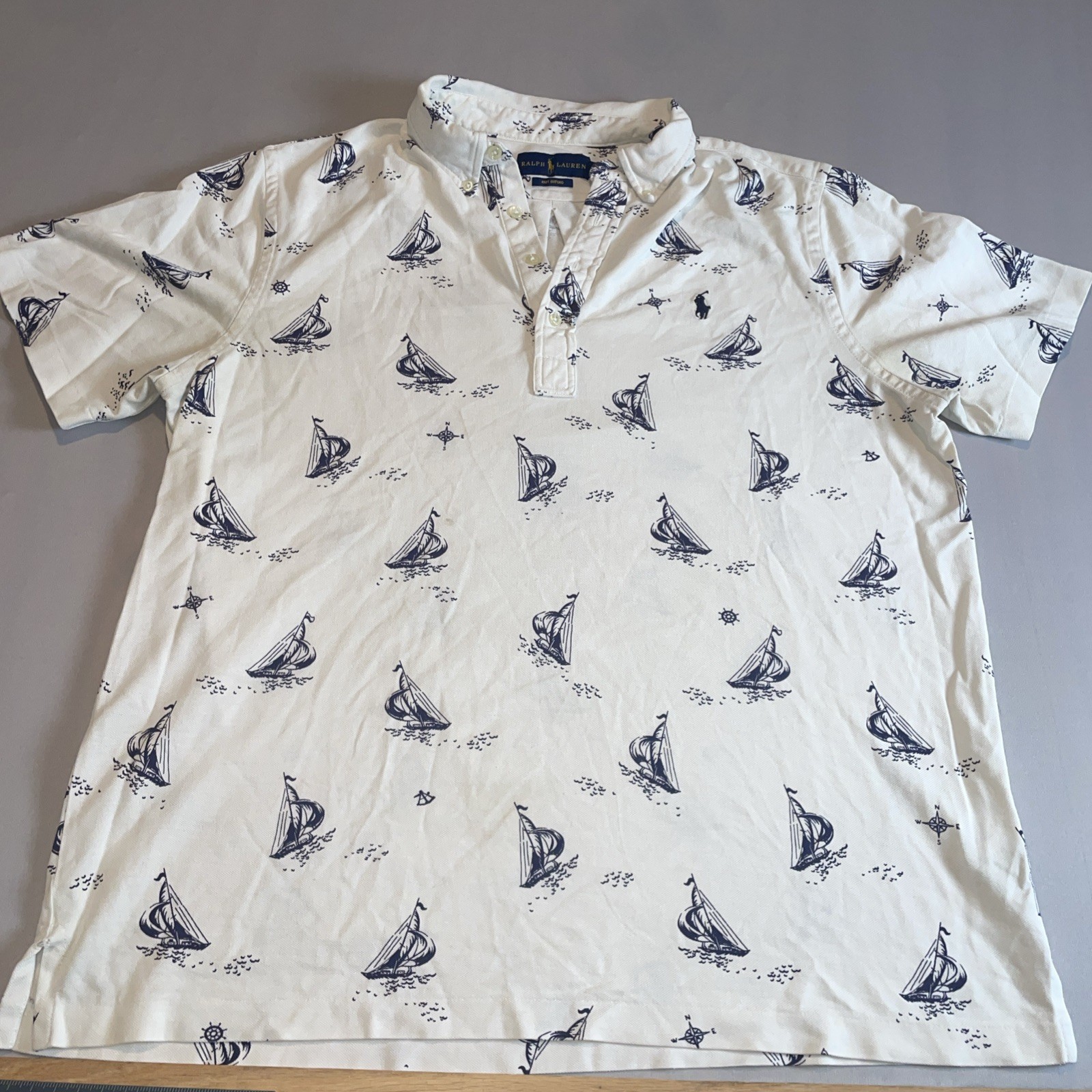 Ralph Lauren Polo Shirt Mens Large White Knit Oxford Sailboats Graphic Side Slit