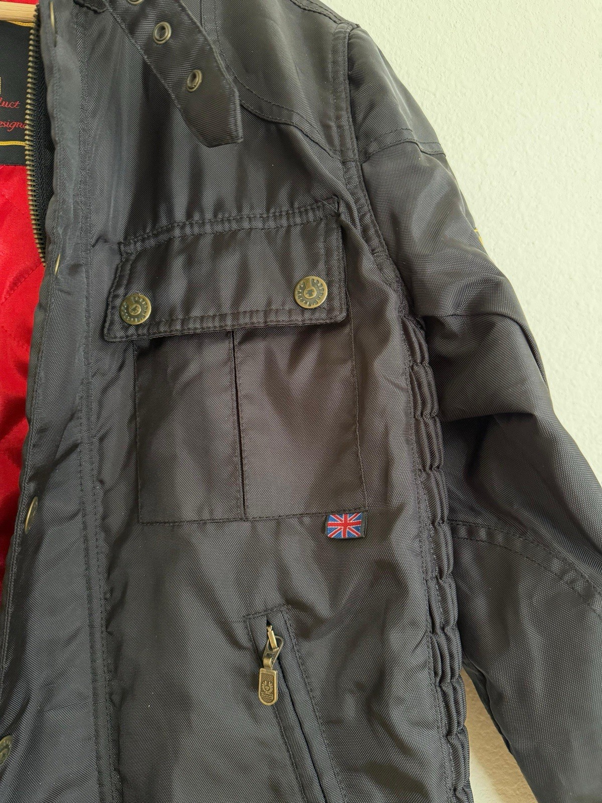 Belstaff Men’s Black Jacket Red Quilted Lining Stand-Up Collar Belted M