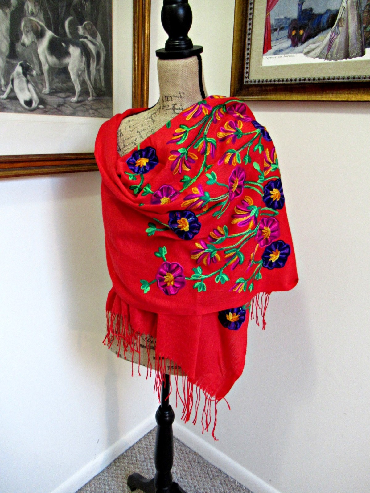 MEXICAN EMBROIDERED SOFT FRINGED SHAWL REBOZO WRAP 76 X 28 – MADE in MEXICO