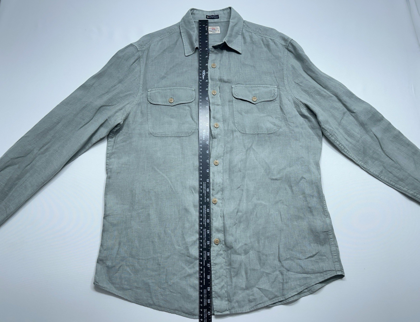 FAHERTY Baird McNutt Shirt Mens Medium Sage Green Linen Long Sleeve Button. READ