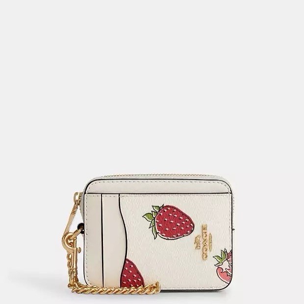 NWT Coach Zip Card Case With Strawberry Print Gold/Chalk Multi Car32