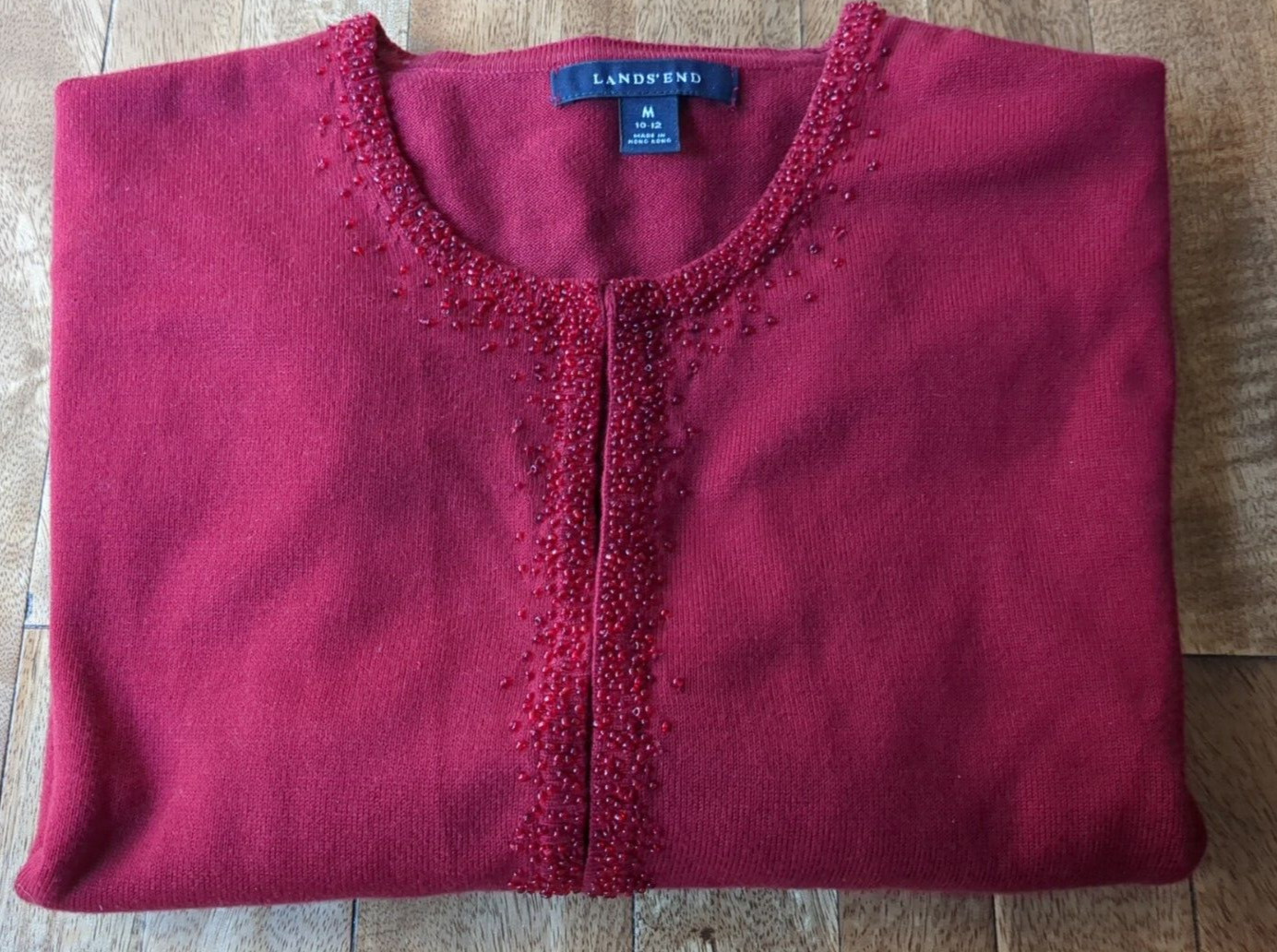 Lands End Holiday Evening Beaded Cotton Cardigan Sweater Open Front M 8-10 Red