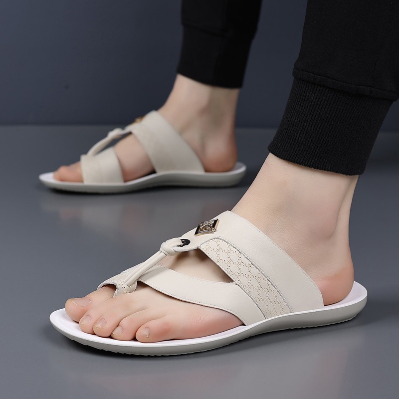 Men’s Metal Decor Thong Slide Sandals, Embossed PU Leather, Comfort Rubber Sole