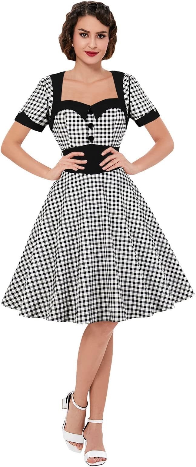 KILLREAL Women’s 50S Retro Rockabilly Short Sleeves Lapel Collar Office Dress