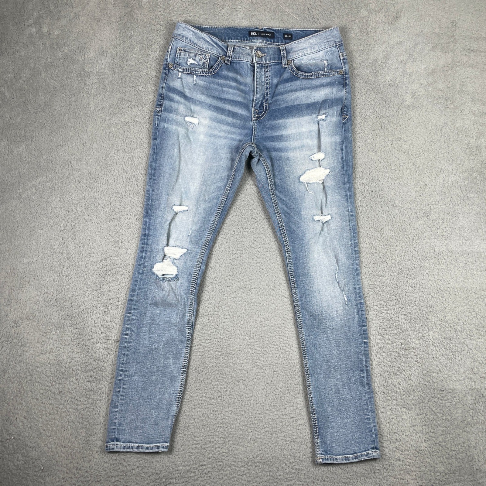 BKE Alec Skinny Jeans Mens 36×32 (Fits 34×31) Blue Distressed Ripped Stretch