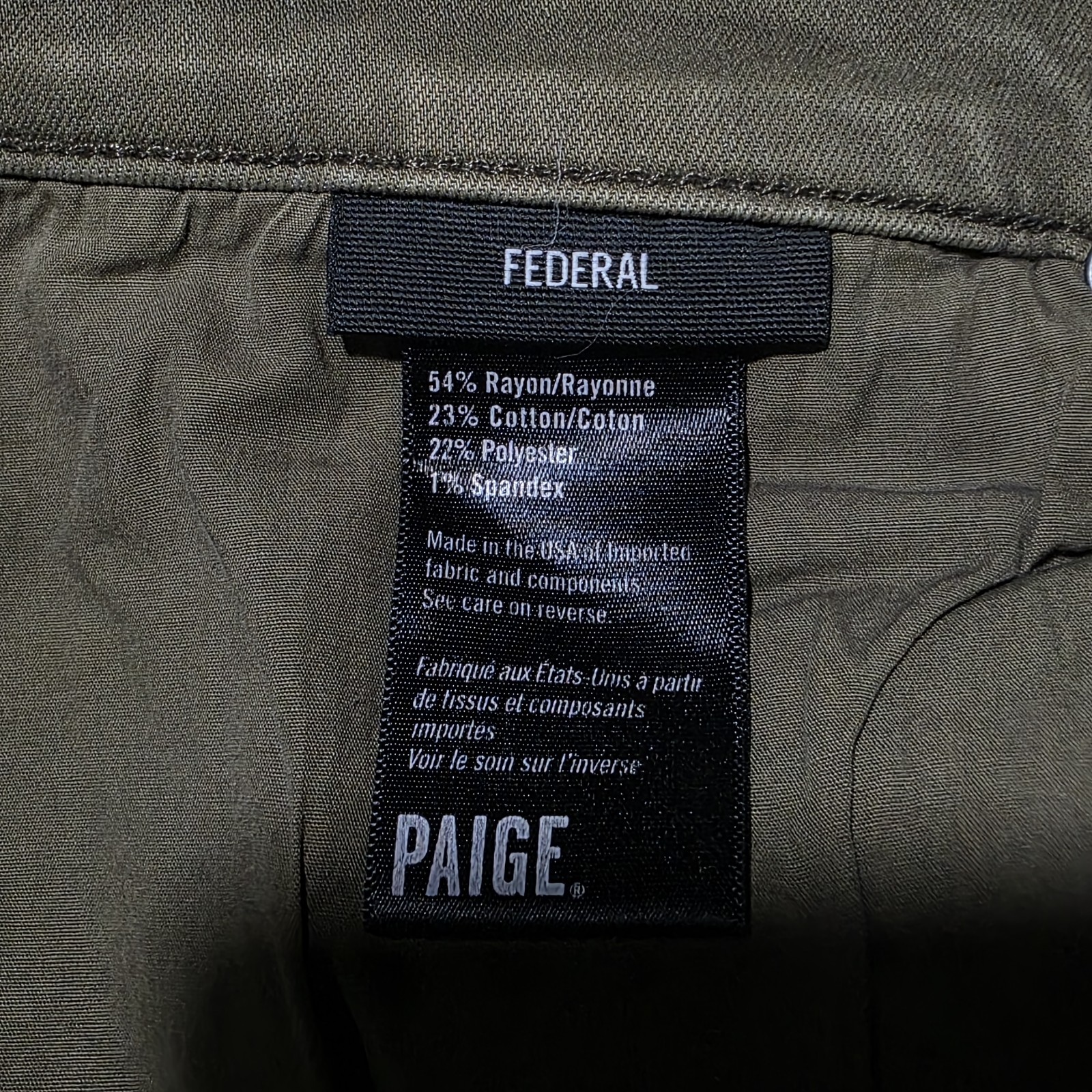 Paige Federal Slim Straight Pants Mens 33 Vintage Artichoke Olive Green Stretch