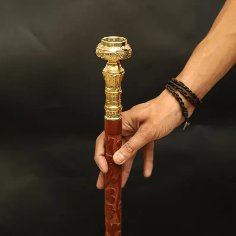 Solid Brass Compass Handle Vintage Style Brown Cane Floral Design Elegant Gift