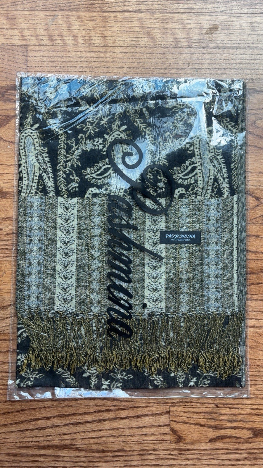 100% Pashmina Shawl Black Olive Green Paisley Woven Fringe Wrap Scarf New