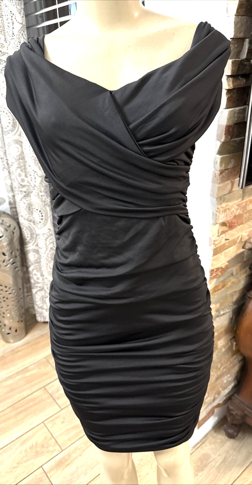 Lyaner Off Shoulders Sexy Sleeveless Knit Dress Ruched Black Cocktail Sz M 6b