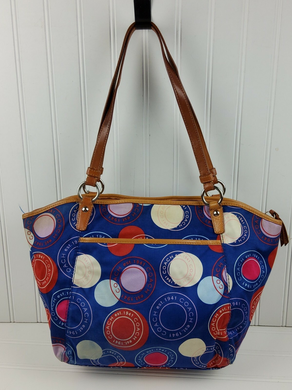 COACH Polka Dot Leah F14667 Blue White Red Shoulder Handbag Purse with Pouch
