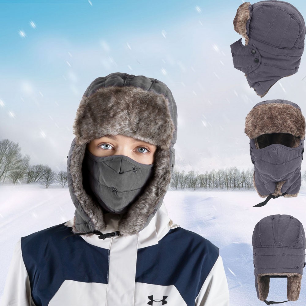 Winter Thermal Fur Lined Aviator Hat with Ear Flap Full Face Cover for Men Women