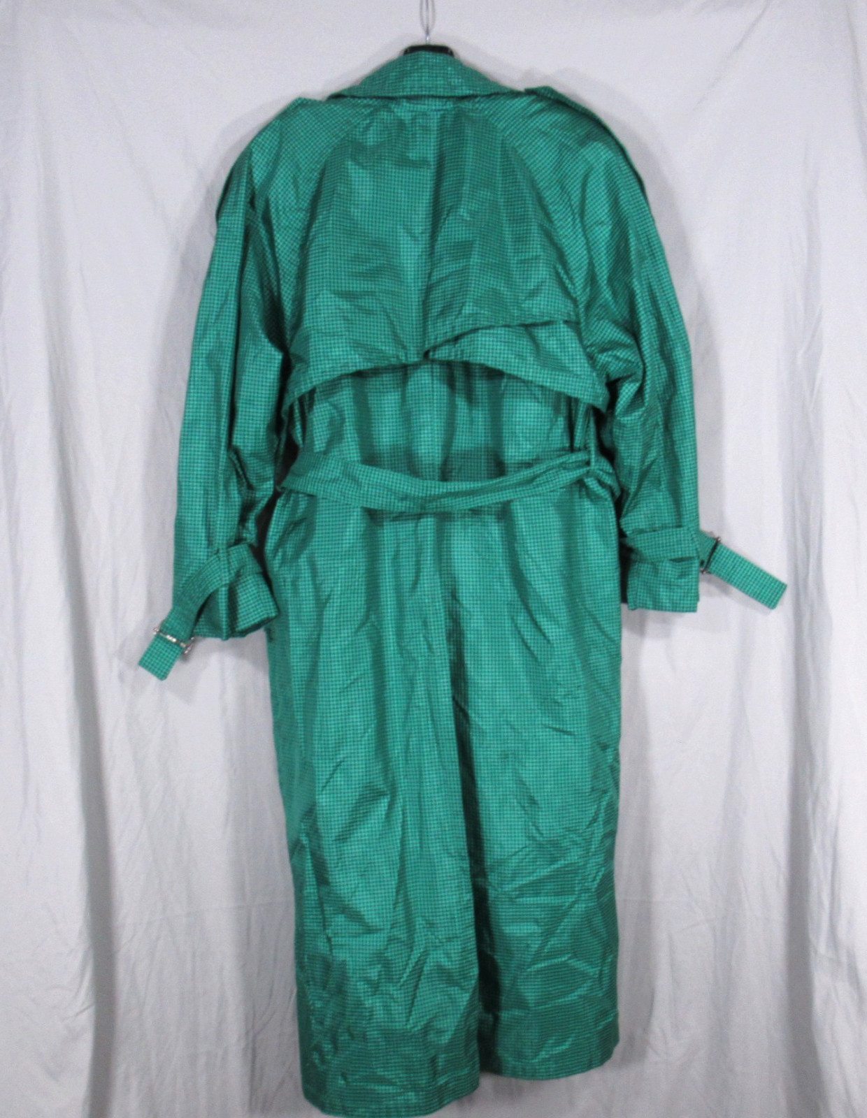 VTG LONDON FOG Petite GREEN/BLACK MICRO CHECKS Buttons w/Belt TRENCH COAT Sz 4P