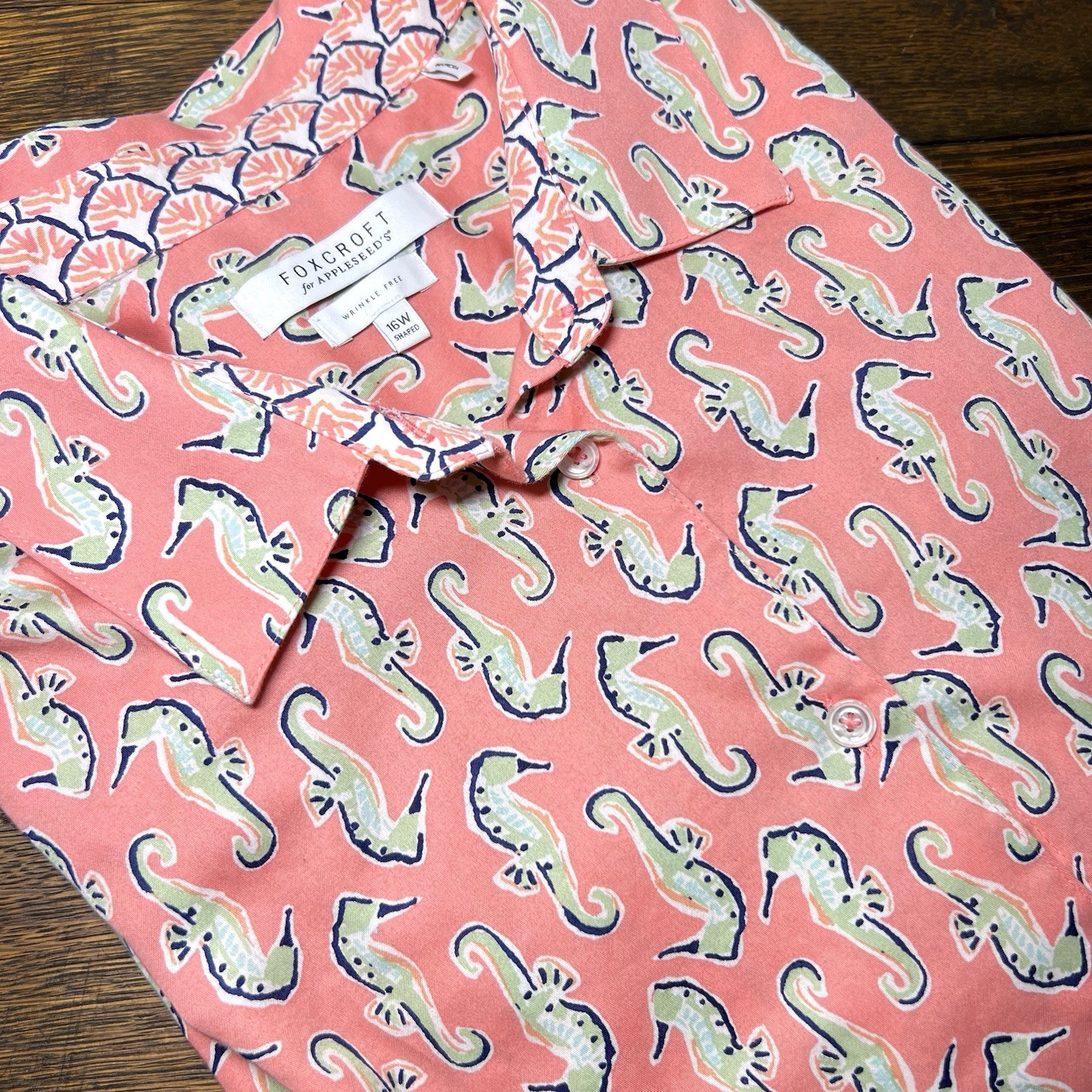 Foxcroft for Appleseed’s Women’s Tunic Blouse Pink Green Seahorses Size 16W