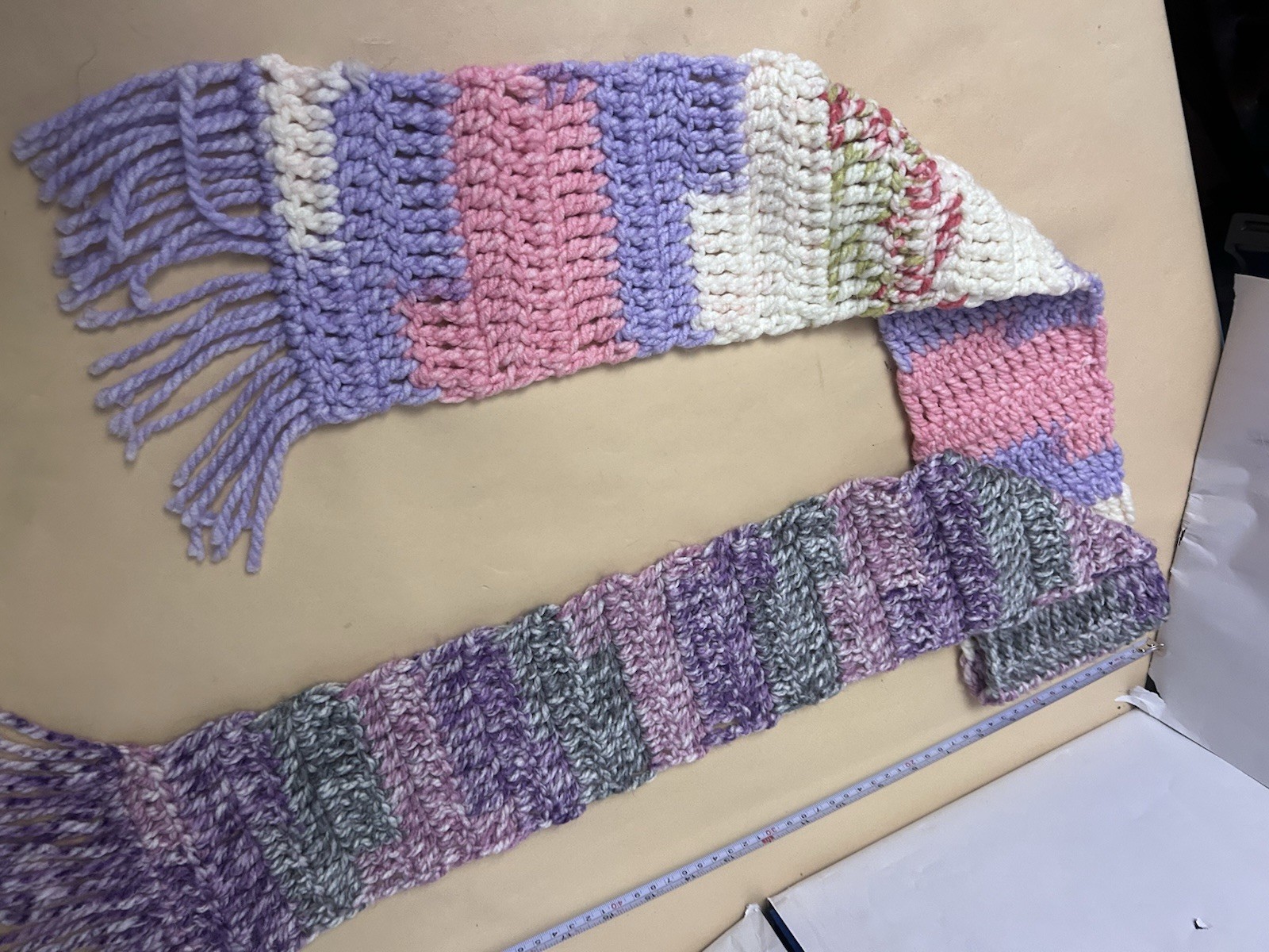 Handmade knit multicolor scarf pink/gray/white/purple
