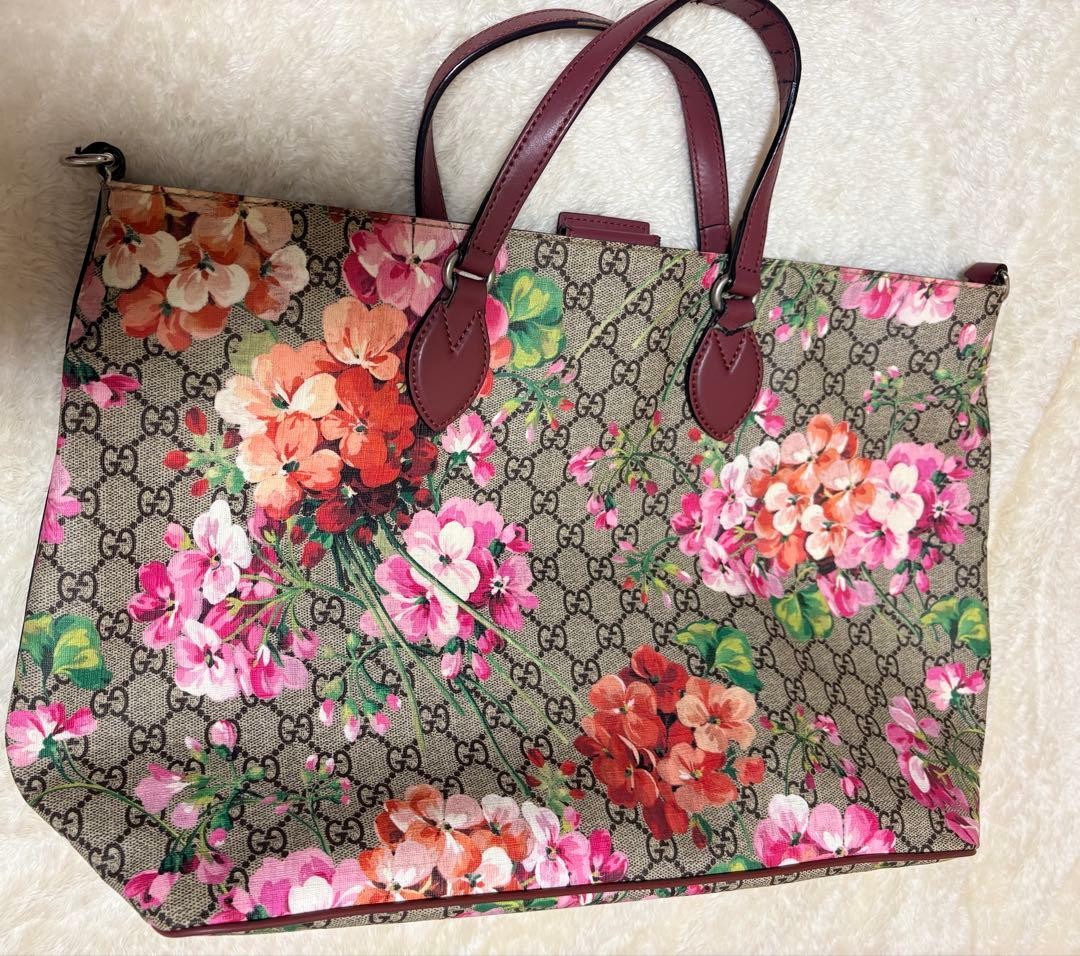 GUCCI GG Blooms Shoulder Hand Bag Magnetic Leather PVC Bordeaux Red Beige Japan