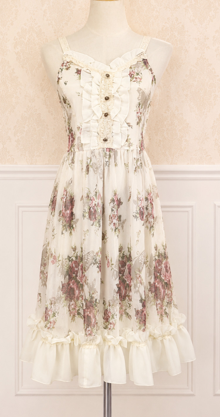 axes femme 2pc Set Pink Top & Beige Floral Cami Dress Lolita 446 0246