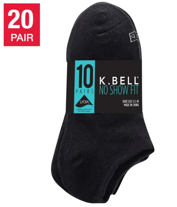 K Bell Ladies’ No Show Sock, 20 pair, Black, Fits Shoe Size 5.5-10