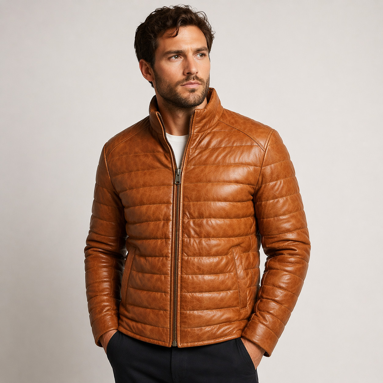 Mens Real Lambskin Leather Puffer Jacket Quilted Warm Stylish Bubble Coat Winter