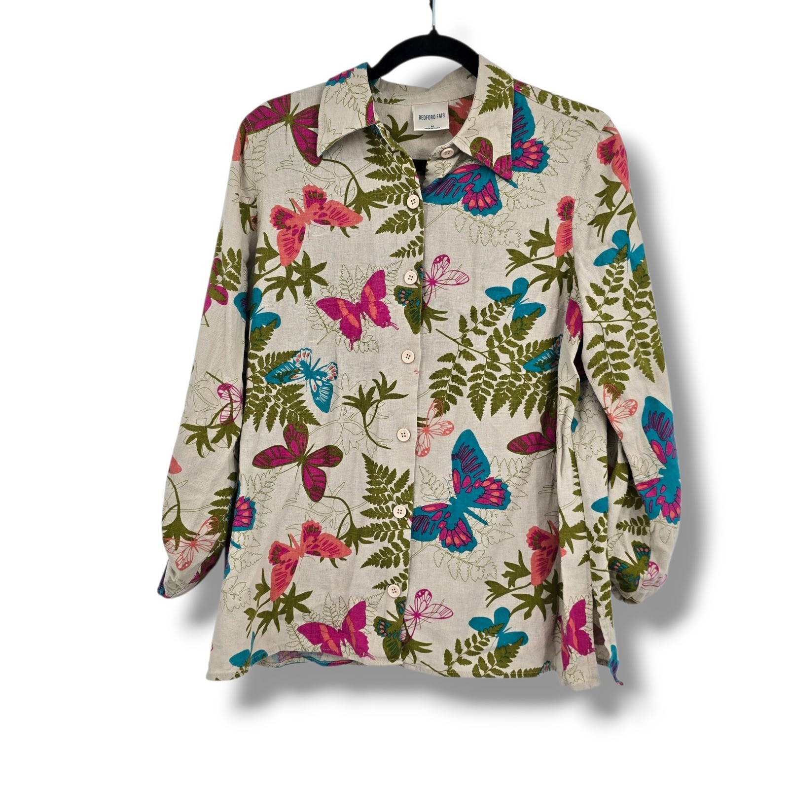 Bedford Fair Womens Medium Linen Blend Butterfly Fern Print Button Front Shirt