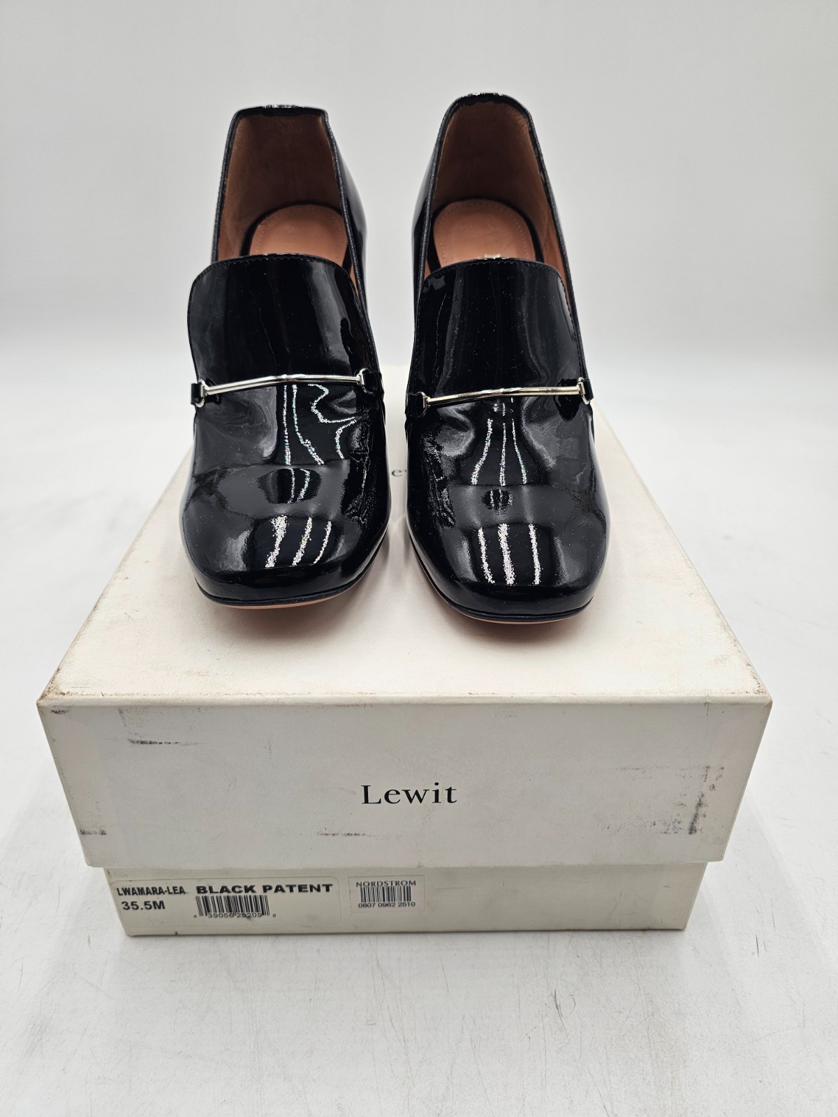 LEWIT Amara Black Patent Leather Metal Bar Block Heel Pump Size 35 1/2