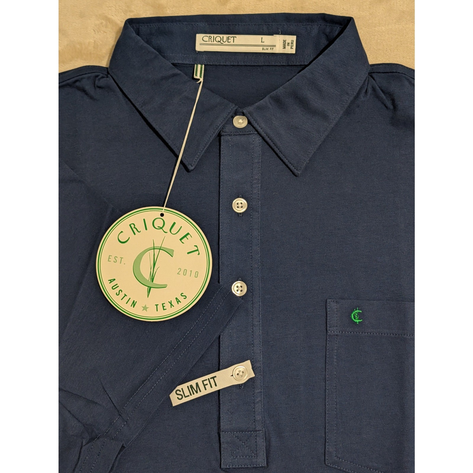 Criquet Mens Player Polo Shirt Navy Blue Slim Fit Large Organic Cotton Golf NWT