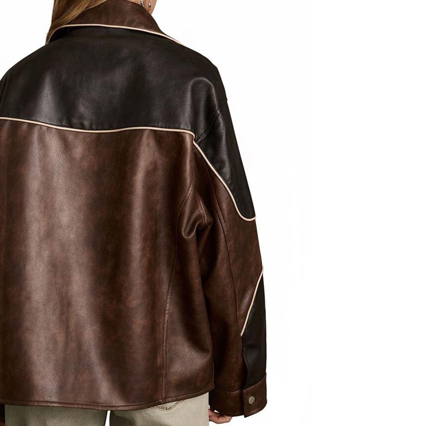 Women’s Real Leather Jacket Two Tone Brown Black Oversized Zip Up Coat